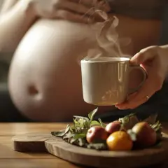 Ciepła herbata w ciąży, parująca z kubka, obok owoców na desce. Chwila spokoju dla przyszłej mamy.