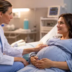 Lekarka wspiera ciężarną, która przygotowuje się do porodu. W szpitalnej sali czuć nadzieję i spokój.