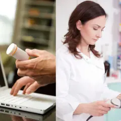 Tabletki na zatrzymanie laktacji dostępne online. Farmaceutka w aptece skanuje lek.