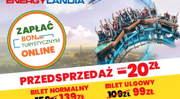 Rollercoaster w Energylandii z napisem "Zapłać bonem turystycznym online" i cenami biletów.