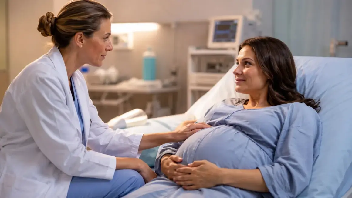 Lekarka wspiera ciężarną, która przygotowuje się do porodu. W szpitalnej sali czuć nadzieję i spokój.