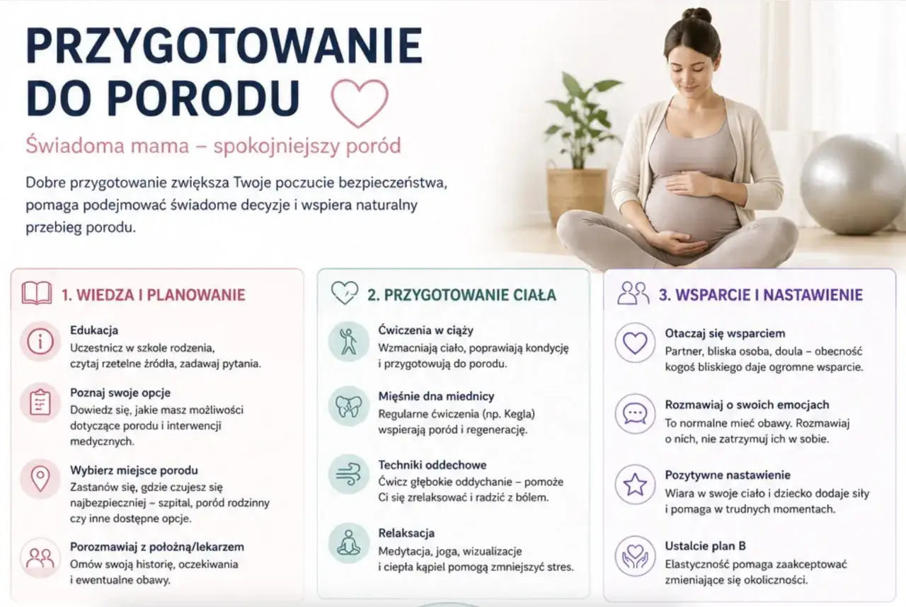 Przygotowanie do porodu: świadoma mama, spokojniejszy poród. Wśród tematów: edukacja, ćwiczenia, techniki oddechowe, wsparcie, lewatywa przed porodem.