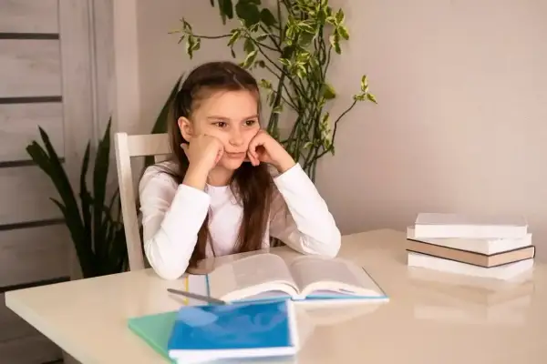 Zmęczona dziewczynka z podpartą głową na rękach, przed nią otwarte książki. Nauka jest trudna, zwłaszcza gdy jest się dyslektykiem.