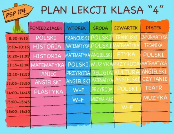 Plan lekcji klasy 4. Poniedziałek: polski, historia, matematyka, taniec, angielski, plastyka. Wtorek: francuski, matematyka, polski, przyroda, angielski, WF. Środa: polski, matematyka, angielski, religia, matematyka, przyroda. Czwartek: francuski, mate...